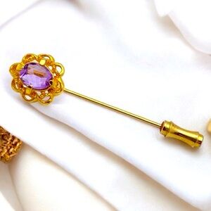 Vintage Amethyst Stick Pin in Gold Tone Filigree – February Birthstone